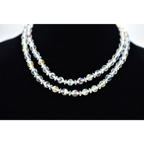 Vintage Aurora Borealis Crystal Double Strand Beaded Collar Necklace Shiny BinA - Picture 1 of 12